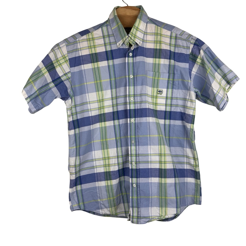 Cinch Button Down Shirt Mens Medium Blue Green Plaid Short Sleeve Western Logo - Picture 2 of 6